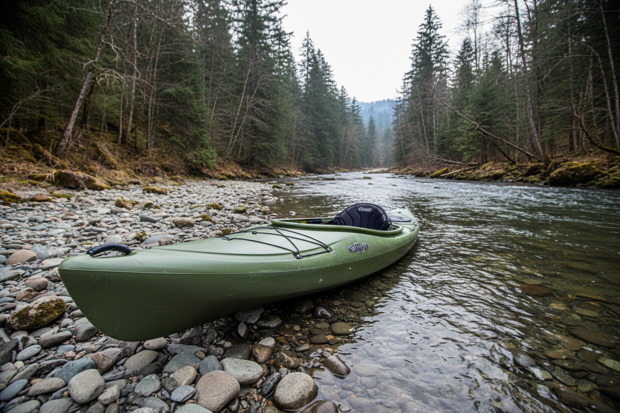 Kayak on rocky riverbank